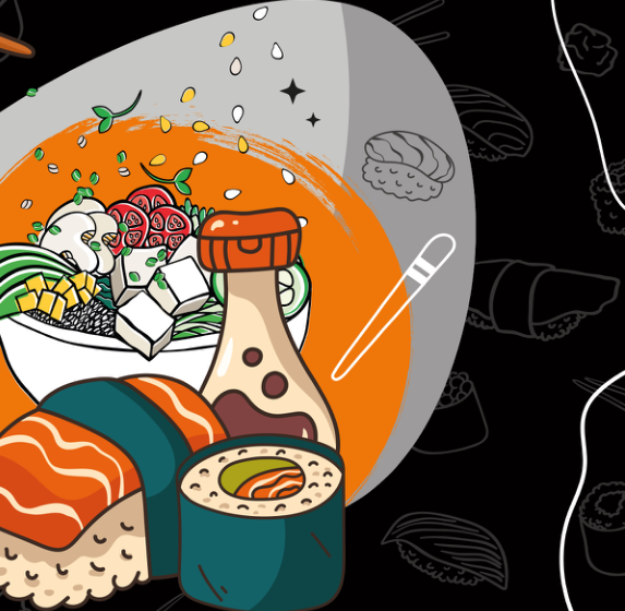 Illustration einer Zushii Sushi-Bowl mit Rollen und Nigiri
